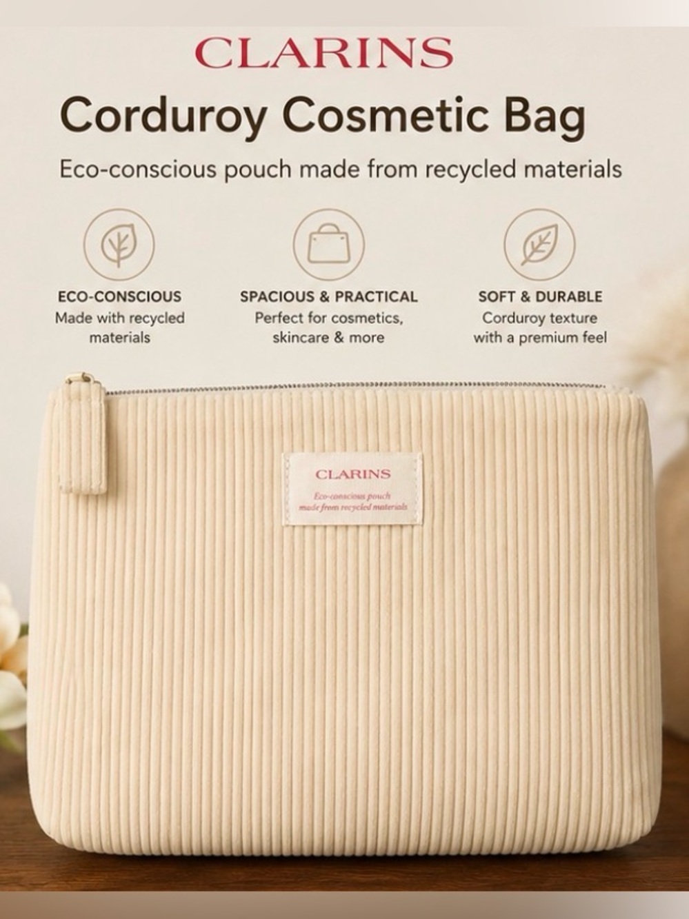 Clarins Corduroy Cosmetic Bag – Cream Eco-Conscious Makeup Pouch  NEW IN PACKAGE
